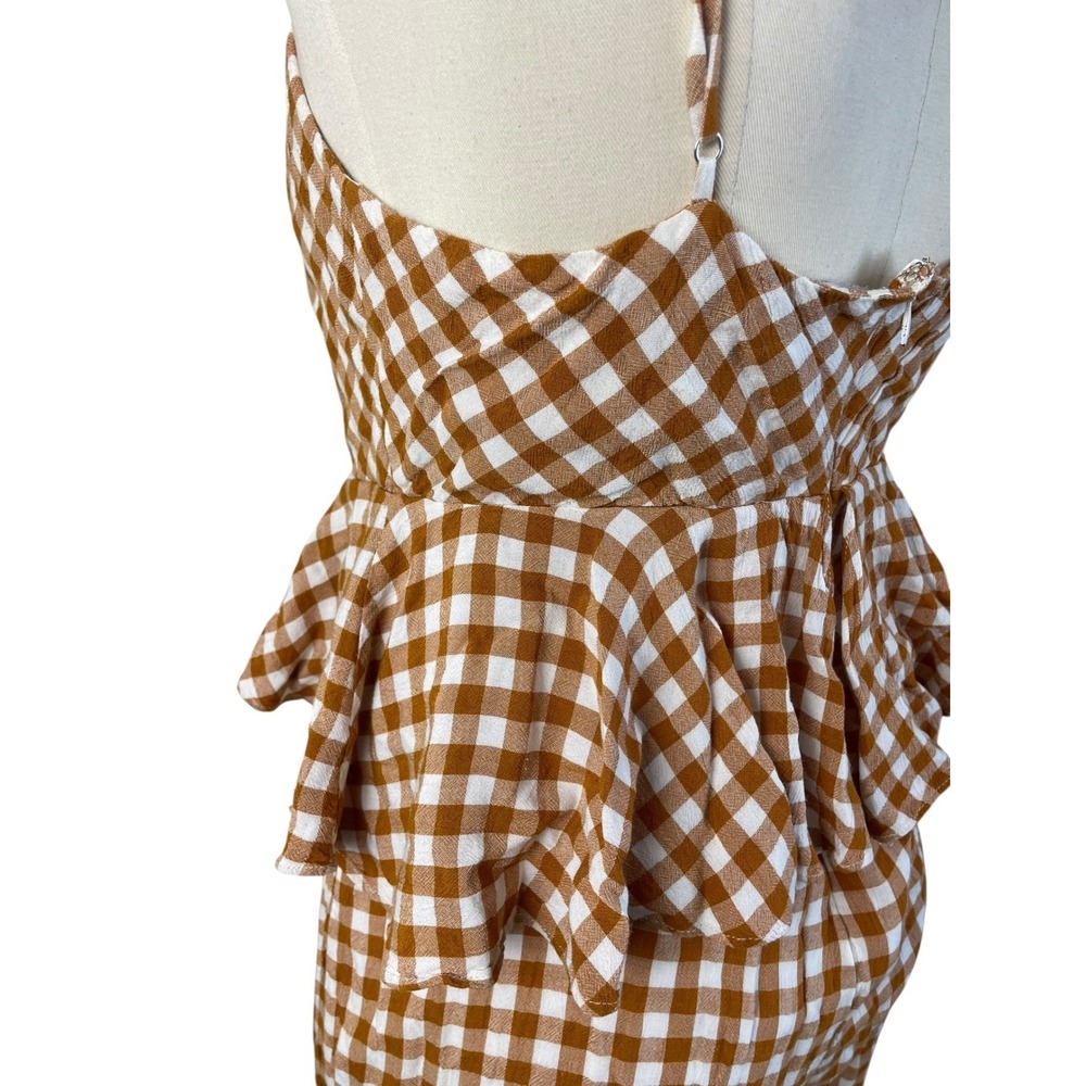 Anthropologie Brown & White Gingham Tie-Front Wide-Leg Jumpsuit - Picture 7 of 11